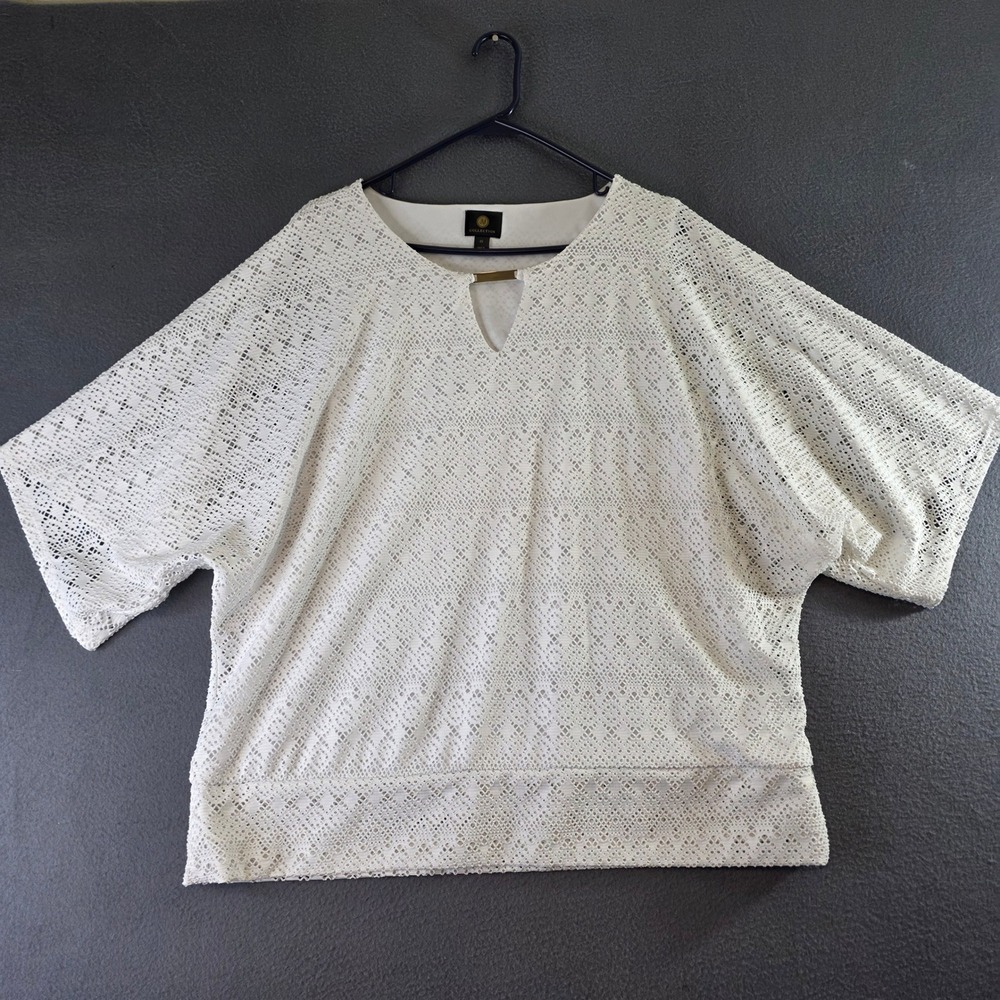 JM Collection Womens Plus 2X White Lace Keyhole Blouse Top Short Sleeve Lined